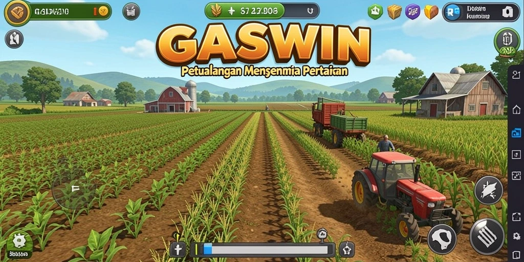 Screenshot utama GASWIN menampilkan aktivitas bertani yang seru dan interaktif.