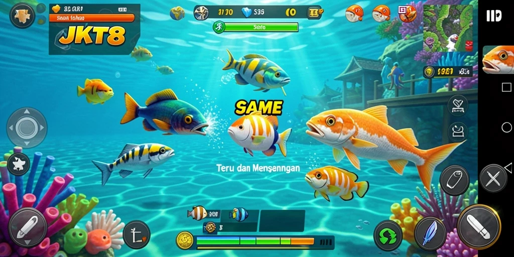 Tampilan gameplay JKT8 saat menangkap ikan dengan senjata.