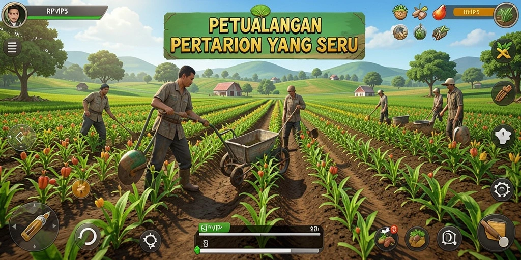Screenshot gameplay RPVIP5 menampilkan ladang subur dengan tanaman hijau.